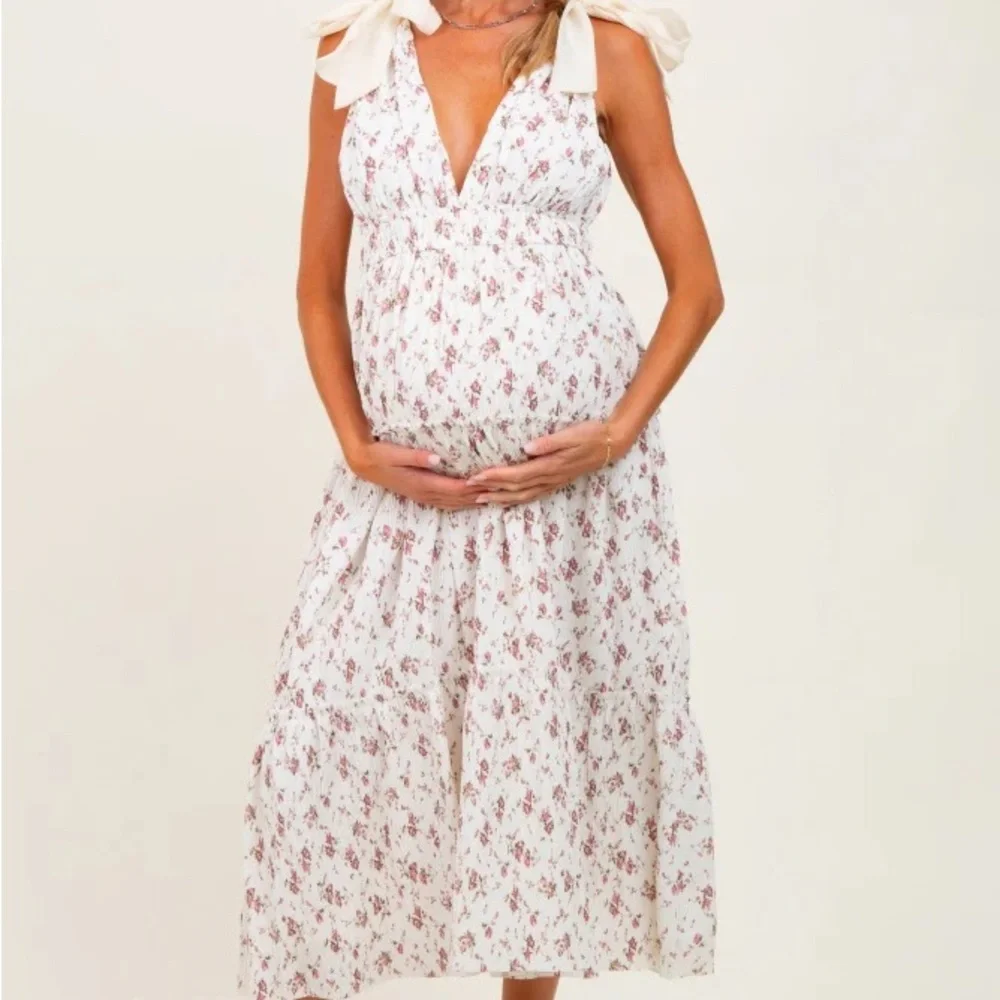 Floral White and Pink Women's Maternity Dress - Picture 2 of 5